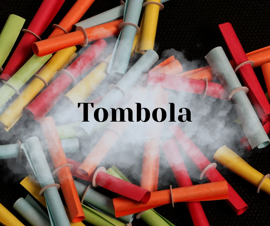 Grafik Tombola mit bunten Losröllchen.