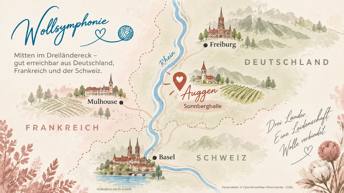 Stilisierte Karte des Dreiländerecks mit Auggen und der Sonnberghalle im Mittelpunkt sowie Freiburg, Mulhouse, Basel und dem Rhein.